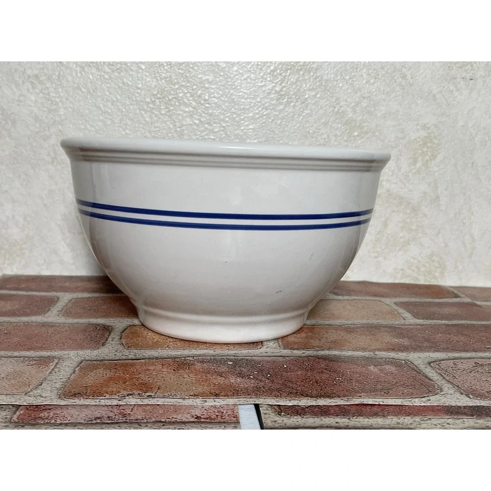 Gibson China White Ceramic Mixing Bowl Blue Double Stripe Farmhouse Stoneware